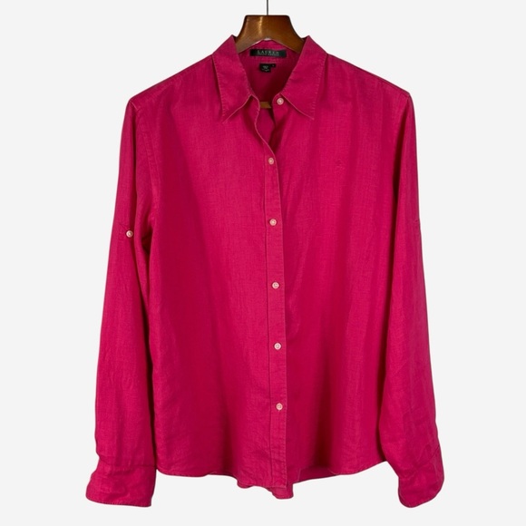 Lauren Ralph Lauren Tops - Lauren Ralph Lauren Linen Roll Tab Sleeve Shirt Size L Large Bright Pink LRL